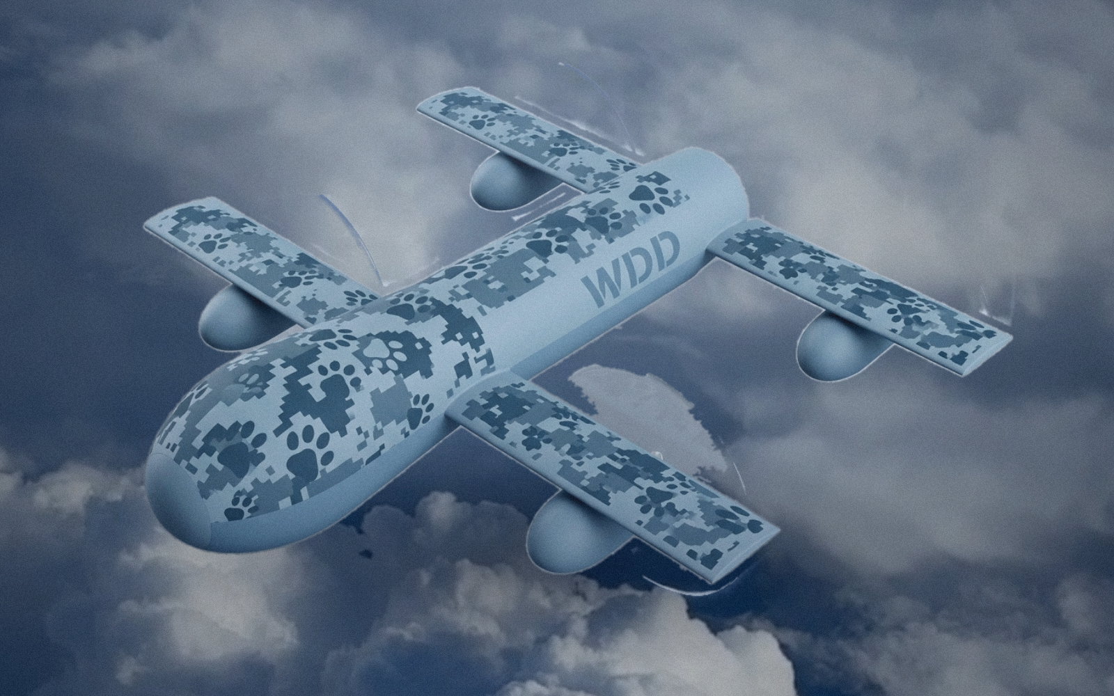 Whistling Dog UAV in signature paw-print digital camouflage, airborne
